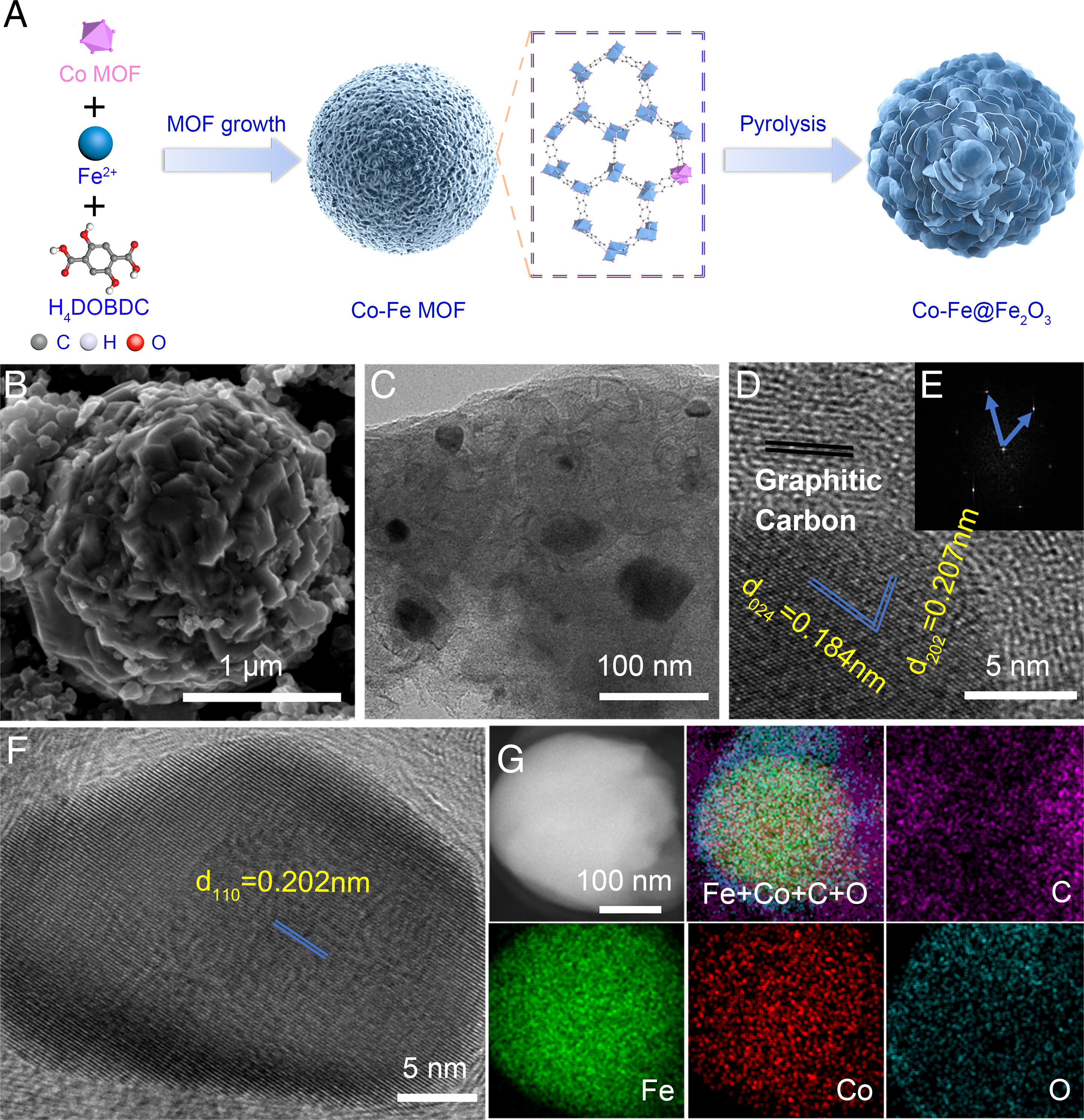 20220414-william威廉中文官网李淼副教授课题组开发钴掺杂铁基催化剂实现高效硝酸盐污染去除和可持续能源回收-李淼-图1 Co-Fe@Fe2O3催化剂合成示意图，形貌和元素表征.jpg